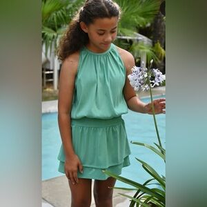 NWT Pleat. Wells Jade Green High Neck Sleeveless Dress Layered Skirt, girls 8